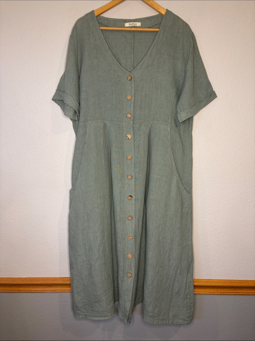 Woolovers 100% linen button front midi dress short sleeves and pockets 14 - Picture 2 of 9